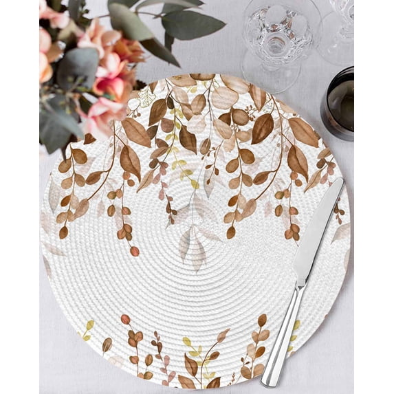 15 Inch Round Placemats Set of 6, Orange Brown Eucalyptus Non Slip Heat Insulation PP Table Mats, Watercolor Spring Weeping Botanical Washable Place Mats for Kitchen Dining Party Table Decor
