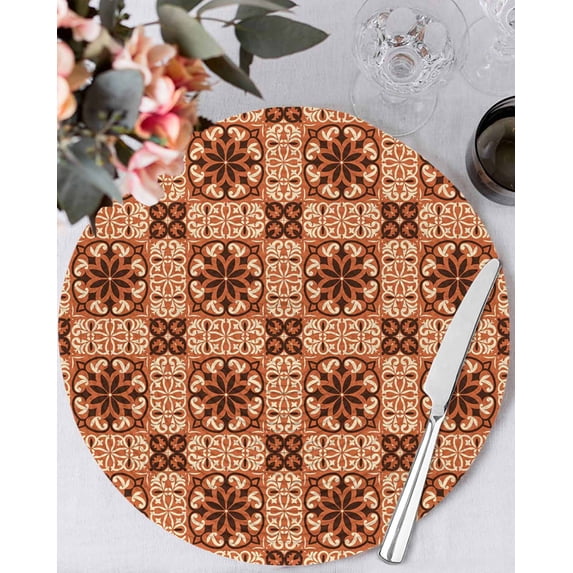 15 Inch Round Placemats Set of 6, Orange Brown Flowers Non Slip Heat Insulation PP Table Mats, Farmhouse Retro Abstract Floral Washable Place Mats for Kitchen Dining Party Table Decor