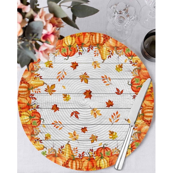 15 Inch Round Placemats Set of 6, Orange Fall Non Slip Heat Insulation PP Table Mats, Vintage Maple Leaf Pumpkins Thanksgiving Washable Place Mats for Kitchen Dining Party Table Decor