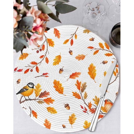 15 Inch Round Placemats Set of 6, Orange Leaves Fall Non Slip Heat ...