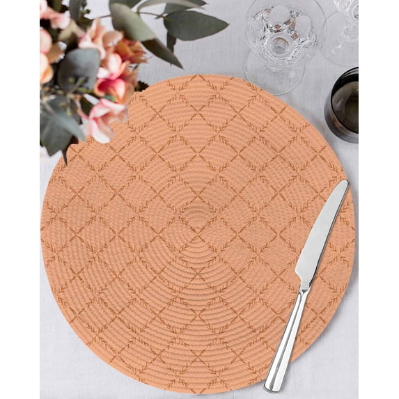 15 Inch Round Placemats Set of 6, Orange Plaid Non Slip Heat Insulation PP Table Mats, Modern Farmhouse Simple Abstract Stripes Washable Place Mats for Kitchen Dining Party Table Decor