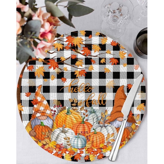 15 Inch Round Placemats Set of 6, Orange Pumpkin Gnomes Fall Non Slip Heat Insulation PP Table Mats, Branches Thanksgiving Leaves Plaid Washable Place Mats for Kitchen Dining Party Table Decor