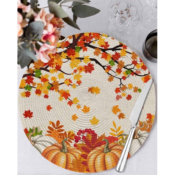 15 Inch Round Placemats Set of 6, Orange Pumpkins Fall Non Slip Heat Insulation PP Table Mats, Maple Leaf Thanksgiving Botanical Rustic Washable Place Mats for Kitchen Dining Party Table Decor