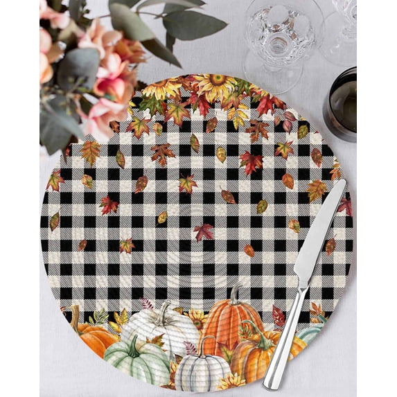15 Inch Round Placemats Set of 6, Orange Pumpkins Fall Non Slip Heat Insulation PP Table Mats, Thanksgiving Botanical Black Plaid Washable Place Mats for Kitchen Dining Party Table Decor