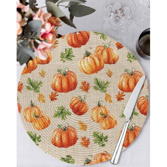 15 Inch Round Placemats Set of 6, Orange Pumpkins Fall Non Slip Heat Insulation PP Table Mats, Thanksgiving Leaves Country Retro Beige Washable Place Mats for Kitchen Dining Party Table Decor