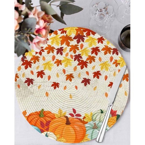 15 Inch Round Placemats Set of 6, Orange Pumpkins Fall Non Slip Heat Insulation PP Table Mats, Thanksgiving Maple Leaves Weeping Rustic Washable Place Mats for Kitchen Dining Party Table Decor