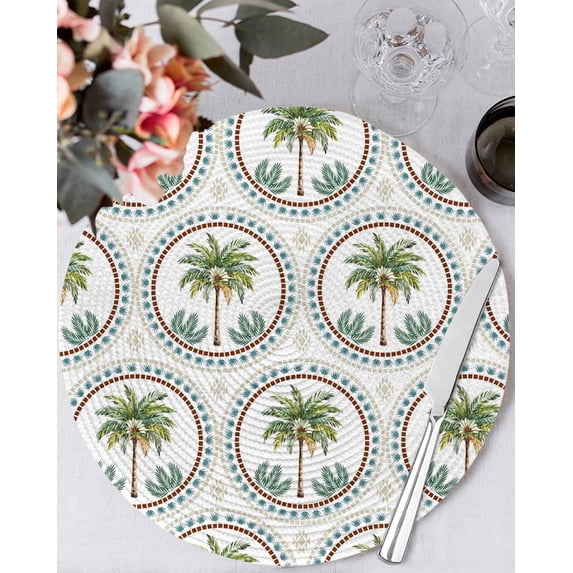 15 Inch Round Placemats Set of 6, Palm Trees Non Slip Heat Insulation PP Table Mats, Green Summer Botanical Watercolor Washable Place Mats for Kitchen Dining Party Table Decor