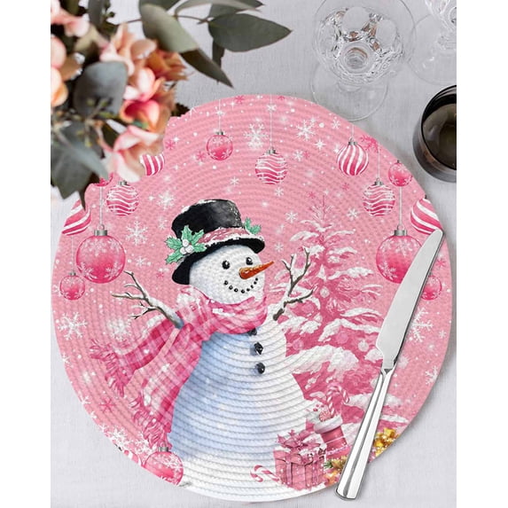 15 Inch Round Placemats Set of 6, Pink Christmas Non Slip Heat Insulation PP Table Mats, Snowman Xmas Tree Ball Gifts Winter Washable Place Mats for Kitchen Dining Party Table Decor