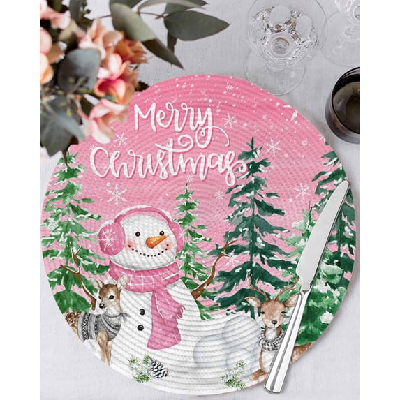 15 Inch Round Placemats Set of 6, Pink Christmas Non Slip Heat Insulation PP Table Mats, Snowman Xmas Tree Elk Snowflake Washable Place Mats for Kitchen Dining Party Table Decor
