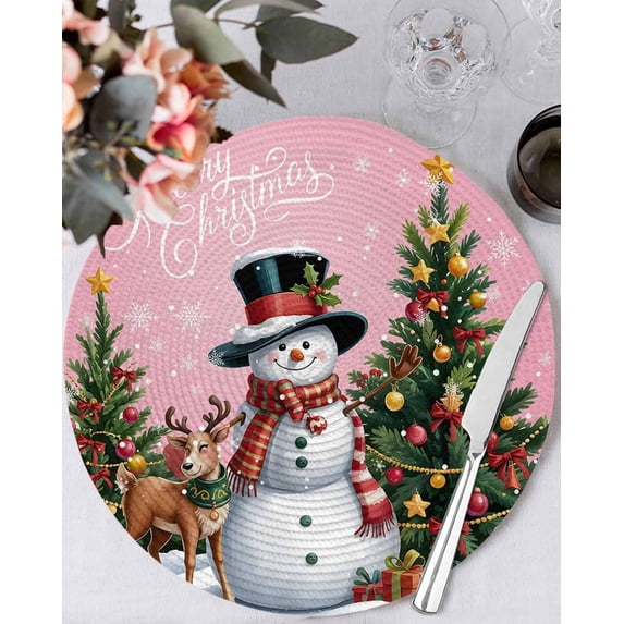 15 Inch Round Placemats Set of 6, Pink Christmas Non Slip Heat Insulation PP Table Mats, Snowman Xmas Tree Snowflake Gifts Elk Washable Place Mats for Kitchen Dining Party Table Decor