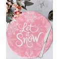 thumbnail image 1 of 15 Inch Round Placemats Set of 6, Pink Christmas Non Slip Heat Insulation PP Table Mats, Winter Xmas White Snowflakes Texture Washable Place Mats for Kitchen Dining Party Table Decor, 1 of 7