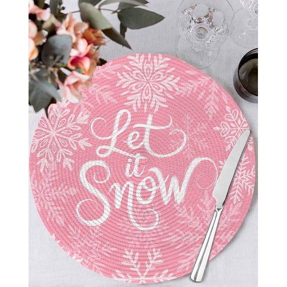 15 Inch Round Placemats Set of 6, Pink Christmas Non Slip Heat Insulation PP Table Mats, Winter Xmas White Snowflakes Texture Washable Place Mats for Kitchen Dining Party Table Decor