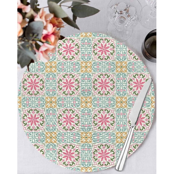 15 Inch Round Placemats Set of 6, Pink Green Flowers Non Slip Heat Insulation PP Table Mats, Country Botanical Abstract Floral Patterned Washable Place Mats for Kitchen Dining Party Table Decor