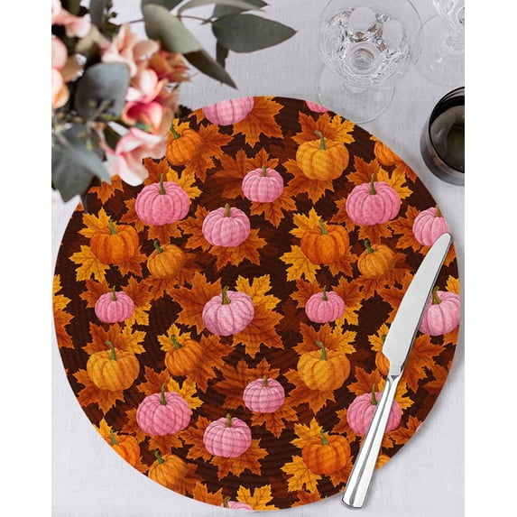 15 Inch Round Placemats Set of 6, Pink Pumpkin Fall Non Slip Heat Insulation PP Table Mats, Thanksgiving Maple Leaves Autumn Washable Place Mats for Kitchen Dining Party Table Decor