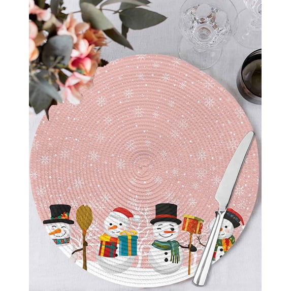15 Inch Round Placemats Set of 6, Pink Snowman Non Slip Heat Insulation PP Table Mats, Christmas Winter Snowflake Xmas Tree Washable Place Mats for Kitchen Dining Party Table Decor