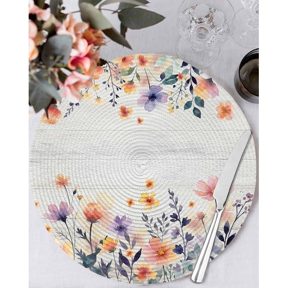15 Inch Round Placemats Set of 6, Pink Spring Floral Non Slip Heat Insulation PP Table Mats, Elegant Flowers Farmhouse Botanical Wooden Washable Place Mats for Kitchen Dining Party Table Decor