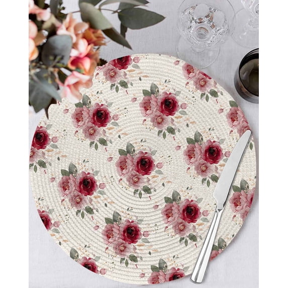 15 Inch Round Placemats Set of 6, Pink Spring Floral Non Slip Heat Insulation PP Table Mats, Farmhouse Flowers Modern Art Washable Place Mats for Kitchen Dining Party Table Decor