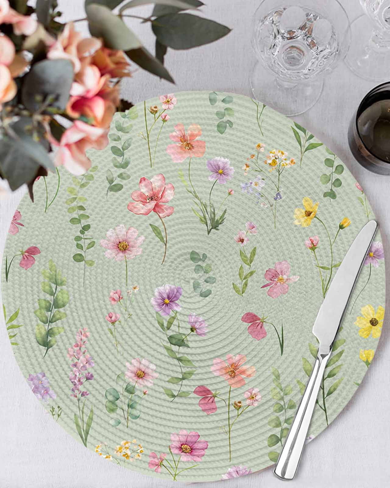 15 Inch Round Placemats Set of 6, Pink Spring Floral Non Slip Heat Insulation PP Table Mats, Farmhouse Flowers Sage Green Leaves Washable Place Mats for Kitchen Dining Party Table Decor