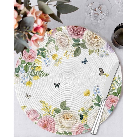 15 Inch Round Placemats Set of 6, Pink White Flowers Non Slip Heat Insulation PP Table Mats, Spring Floral Elegant Pastoral Botanical Washable Place Mats for Kitchen Dining Party Table Decor