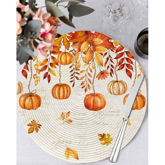 15 Inch Round Placemats Set of 6, Pumpkins Fall Non Slip Heat Insulation PP Table Mats, Thanksgiving Orange Maple Leaf Washable Place Mats for Kitchen Dining Party Table Decor