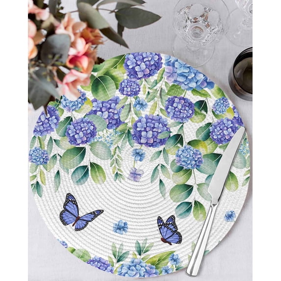 15 Inch Round Placemats Set of 6, Purple Hydrangea Non Slip Heat Insulation PP Table Mats, Spring Eucalyptus Butterfly Pastoral Washable Place Mats for Kitchen Dining Party Table Decor