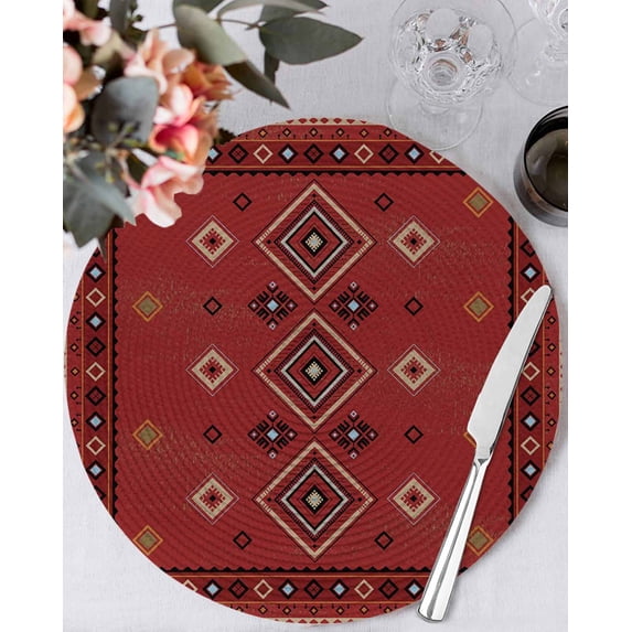 15 Inch Round Placemats Set of 6, Red Boho Non Slip Heat Insulation PP Table Mats, Country Tribe Ethnic Geometric Stripes Art Washable Place Mats for Kitchen Dining Party Table Decor