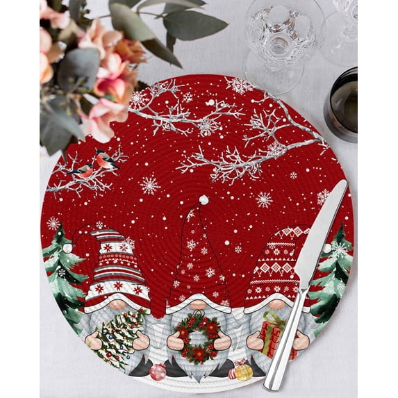15 Inch Round Placemats Set of 6, Red Christmas Non Slip Heat Insulation PP Table Mats, Gnomes Xmas Tree Snowflake Gifts Birds Washable Place Mats for Kitchen Dining Party Table Decor