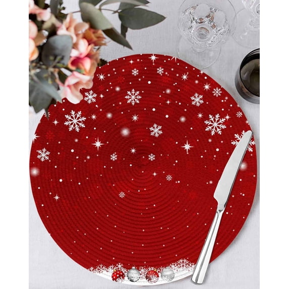 15 Inch Round Placemats Set of 6, Red Christmas Non Slip Heat Insulation PP Table Mats, Snowflake Winter Xmas Ball Washable Place Mats for Kitchen Dining Party Table Decor