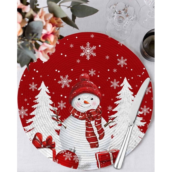 15 Inch Round Placemats Set of 6, Red Christmas Non Slip Heat Insulation PP Table Mats, Snowman Gifts Xmas Tree Winter Snowflake Washable Place Mats for Kitchen Dining Party Table Decor