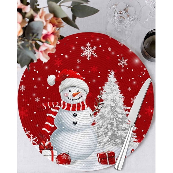 15 Inch Round Placemats Set of 6, Red Christmas Non Slip Heat Insulation PP Table Mats, Snowman Snowflake Gifts Xmas Tree Washable Place Mats for Kitchen Dining Party Table Decor