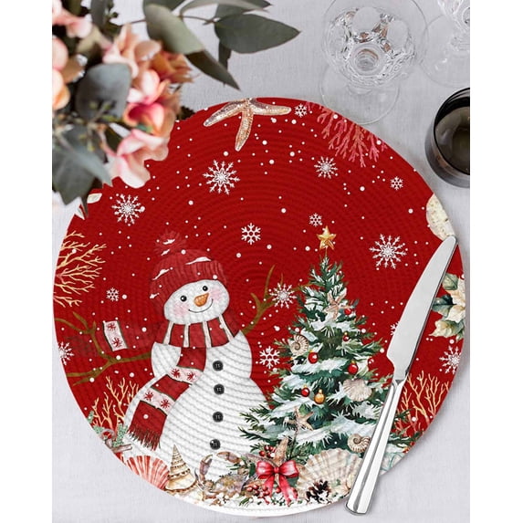 15 Inch Round Placemats Set of 6, Red Christmas Non Slip Heat Insulation PP Table Mats, Snowman Xmas Tree Coastal Snowflake Starfish Washable Place Mats for Kitchen Dining Party Table Decor