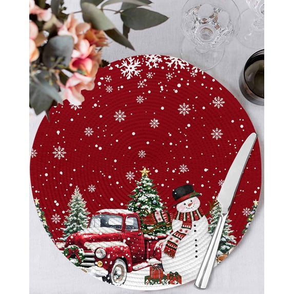 15 Inch Round Placemats Set of 6, Red Christmas Snowman Non Slip Heat Insulation PP Table Mats, Xmas Truck Tree Snowflake Washable Place Mats for Kitchen Dining Party Table Decor