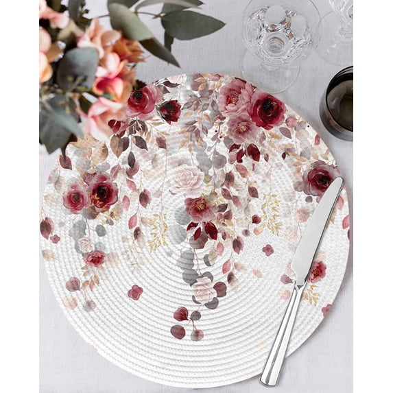 15 Inch Round Placemats Set of 6, Red Flowers Non Slip Heat Insulation PP Table Mats, Spring Floral Elegant Pastoral Watercolor Washable Place Mats for Kitchen Dining Party Table Decor