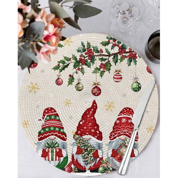 15 Inch Round Placemats Set of 6, Red Gnomes Christmas Non Slip Heat Insulation PP Table Mats, Xmas Ball Gifts Snowflake Rustic Washable Place Mats for Kitchen Dining Party Table Decor