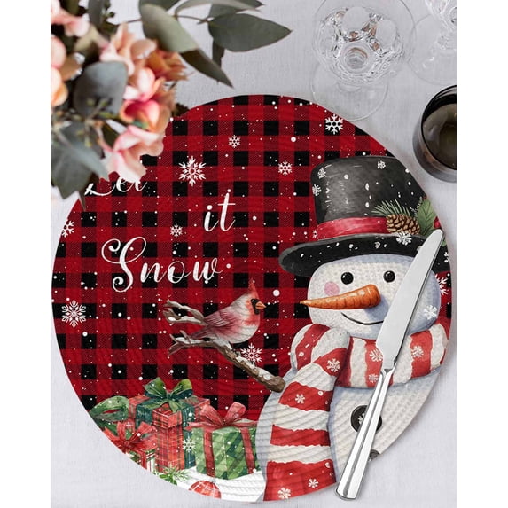 15 Inch Round Placemats Set of 6, Red Plaid Snowman Christmas Non Slip Heat Insulation PP Table Mats, Winter Snowflake Xmas Gifts Washable Place Mats for Kitchen Dining Party Table Decor