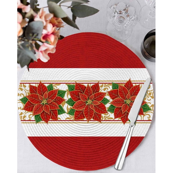 15 Inch Round Placemats Set of 6, Red Poinsettia Christmas Non Slip Heat Insulation PP Table Mats, Xmas Botanical Winter Floral Washable Place Mats for Kitchen Dining Party Table Decor