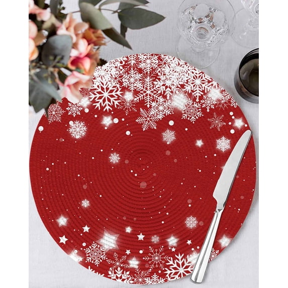15 Inch Round Placemats Set of 6, Red Snowflake Christmas Non Slip Heat Insulation PP Table Mats, Winter Xmas Star Snowflake Washable Place Mats for Kitchen Dining Party Table Decor