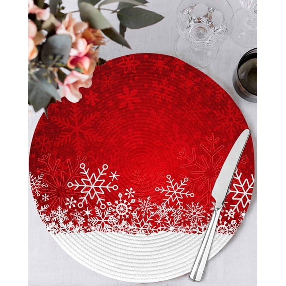 15 Inch Round Placemats Set of 6, Red Snowflakes Christmas Non Slip Heat Insulation PP Table Mats, Winter Holiday Xmas Snowflake Washable Place Mats for Kitchen Dining Party Table Decor
