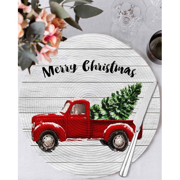 15 Inch Round Placemats Set of 6, Red Truck Christmas Non Slip Heat Insulation PP Table Mats, Xmas Tree Snowflake Grey Wooden Washable Place Mats for Kitchen Dining Party Table Decor