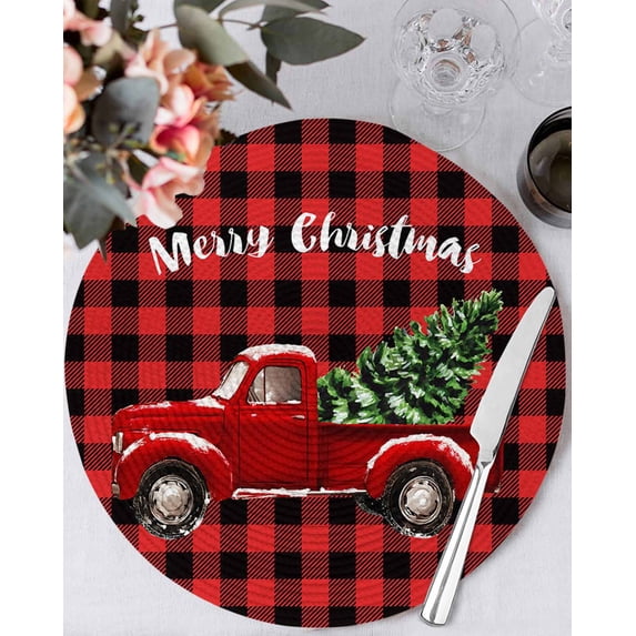 15 Inch Round Placemats Set of 6, Red Truck Christmas Non Slip Heat Insulation PP Table Mats, Xmas Tree Snowflake Plaid Washable Place Mats for Kitchen Dining Party Table Decor