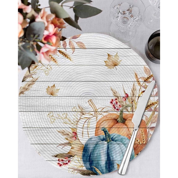 15 Inch Round Placemats Set of 6, Retro Fall Wheat Non Slip Heat Insulation PP Table Mats, Thanksgiving Pumpkin Leaves Wood Grain Washable Place Mats for Kitchen Dining Party Table Decor