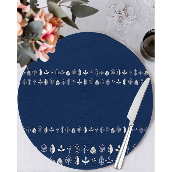 15 Inch Round Placemats Set of 6, Rustic Botanical Non Slip Heat Insulation PP Table Mats, Japanese Herb on Navy Blue Simple Art Washable Place Mats for Kitchen Dining Party Table Decor