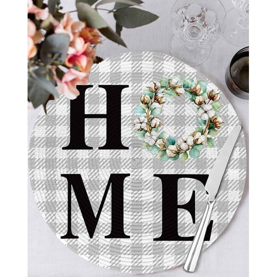 15 Inch Round Placemats Set of 6, Rustic Home Non Slip Heat Insulation PP Table Mats, Eucalyptus Leaves Farmhouse Wreath Plaid Washable Place Mats for Kitchen Dining Party Table Decor