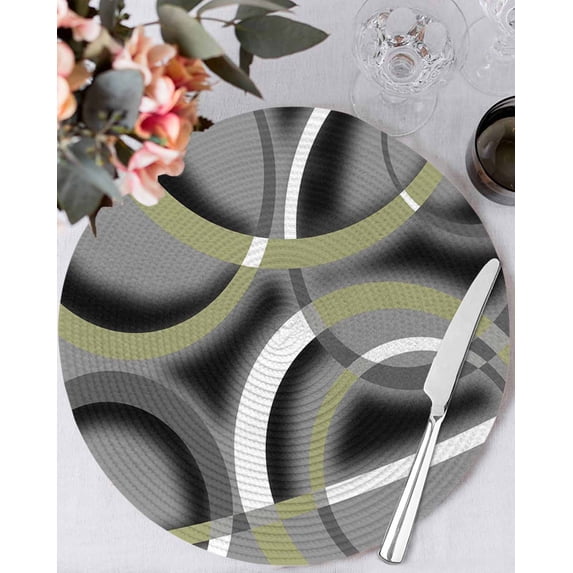 15 Inch Round Placemats Set of 6, Sage Green Geometric Non Slip Heat Insulation PP Table Mats, Grey Retro Abstract Striped Art Washable Place Mats for Kitchen Dining Party Table Decor