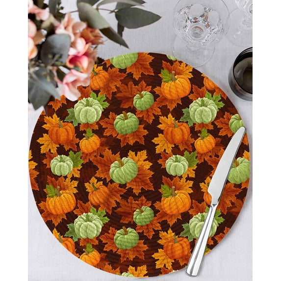 15 Inch Round Placemats Set of 6, Sage Green Pumpkin Fall Non Slip Heat Insulation PP Table Mats, Thanksgiving Maple Leaves Autumn Washable Place Mats for Kitchen Dining Party Table Decor