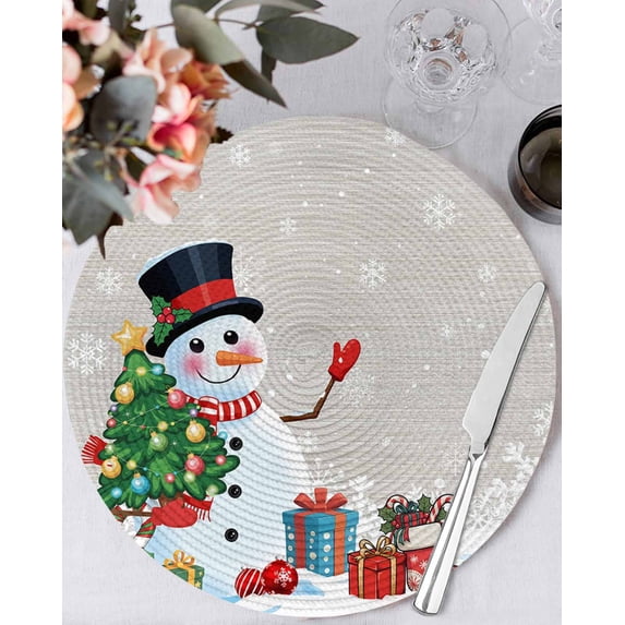 15 Inch Round Placemats Set of 6, Snowman Christmas Non Slip Heat Insulation PP Table Mats, Gifts Xmas Tree Winter Snowflake Washable Place Mats for Kitchen Dining Party Table Decor
