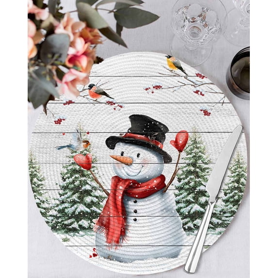 15 Inch Round Placemats Set of 6, Snowman Christmas Non Slip Heat Insulation PP Table Mats, Xmas Tree Snowflake Birds Branches Wooden Washable Place Mats for Kitchen Dining Party Table Decor