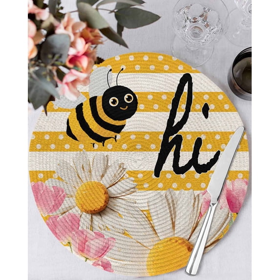 15 Inch Round Placemats Set of 6, Spring Bees Daisy Non Slip Heat Insulation PP Table Mats, Rustic Tulips Dots Yellow Striped Burlap Washable Place Mats for Kitchen Dining Party Table Decor