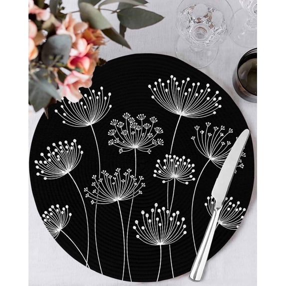 15 Inch Round Placemats Set of 6, Spring Dandelion Non Slip Heat Insulation PP Table Mats, Modern Country Flower Black White Washable Place Mats for Kitchen Dining Party Table Decor
