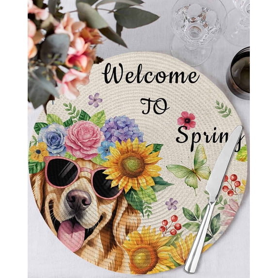 15 Inch Round Placemats Set of 6, Spring Dog Non Slip Heat Insulation PP Table Mats, Rustic Watercolor Botanical Floral Sunflower Washable Place Mats for Kitchen Dining Party Table Decor